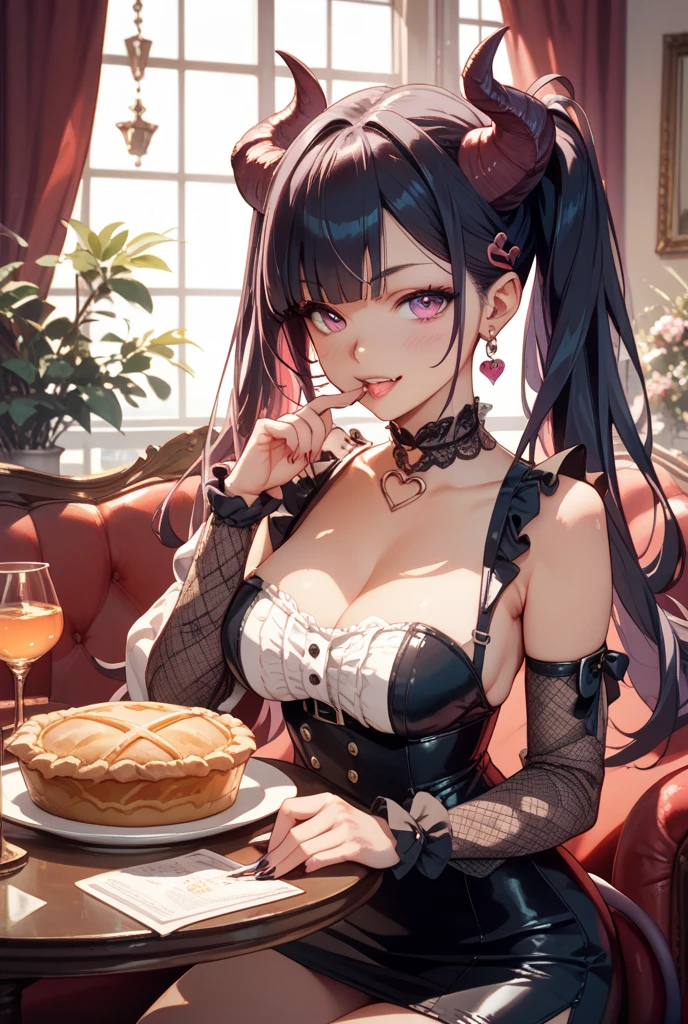 1 girl, small nose, very beautiful detailed face and eyes, bright colors, cute face, delicate beautiful face, Bright magenta eyes, cute eyes, sparkling eyes, Big eyes, (big breasts:1.3), (perky chest:1.1), (pointed chest:1.0), (cake magazine cover:1.3),highest quality, WorKs of masters, High resolution,BlacK color hair,shiny hair, side ponytail,hair between eyes,bangs, (black jacket, real clothes, cleavage, black skirts, black thighhighs, thigh strap, fingerless gloves, single glove:1.2) , spread legs, panties shot, medium hips, glamorous body, white skin, smile, thin pubric hair, super beautiful face, Super beautiful eyes, Super beautiful hair,trendy outfit,sexy and attractive,full body esbian, Real World, Natural light,perfect Natural light,(with sparkling eyes and a contagious smile), This masterpiece is not only visually stunning but also tells, make of cake cooking , in the kitchen, open mouth, looking at viewer,