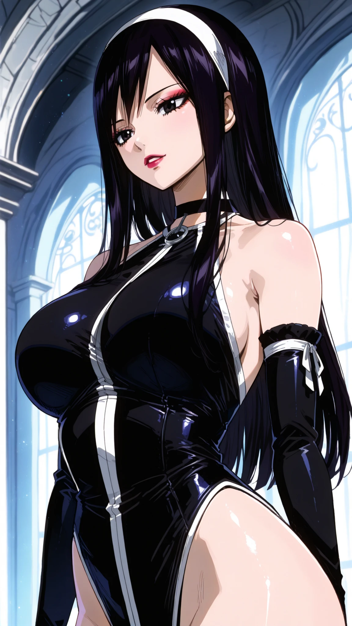 anime - style illustration of a woman in a latex outfit, adult woman roughly 28-years-old, anime woman wearing a black halterneck dress with intergrated choker, backless dress, black laytex elbow gloves, inspired by hajime sorayama, gothic adult usagi tsukino, black hair in double buns and twintails, very long hair, hair flowers, roses are used as hair decorations on each hair bun, gothic maiden anime woman, seductive anime woman, glossy digital painting, made with anime painter studio, wearing atsuko kudo latex outfit