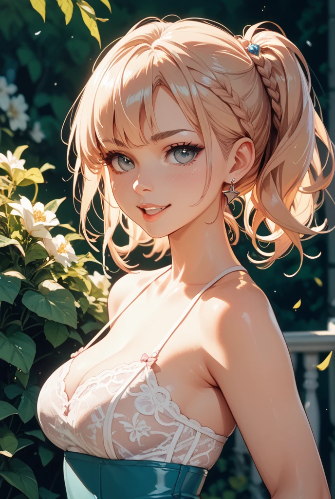 (High quality, High resolution, Fine details), Realistic, summer garden, Woman surrounded by more than 100 flowers, floral patterned dress, solo, curvy women, sparkling eyes, (Detailed eyes:1.2), smile, blush, Sweat, Oily skin, shallow depth of field, bokeh, colorful palette, soft sunlight, dynamic perspective, bright and vivid color gradient