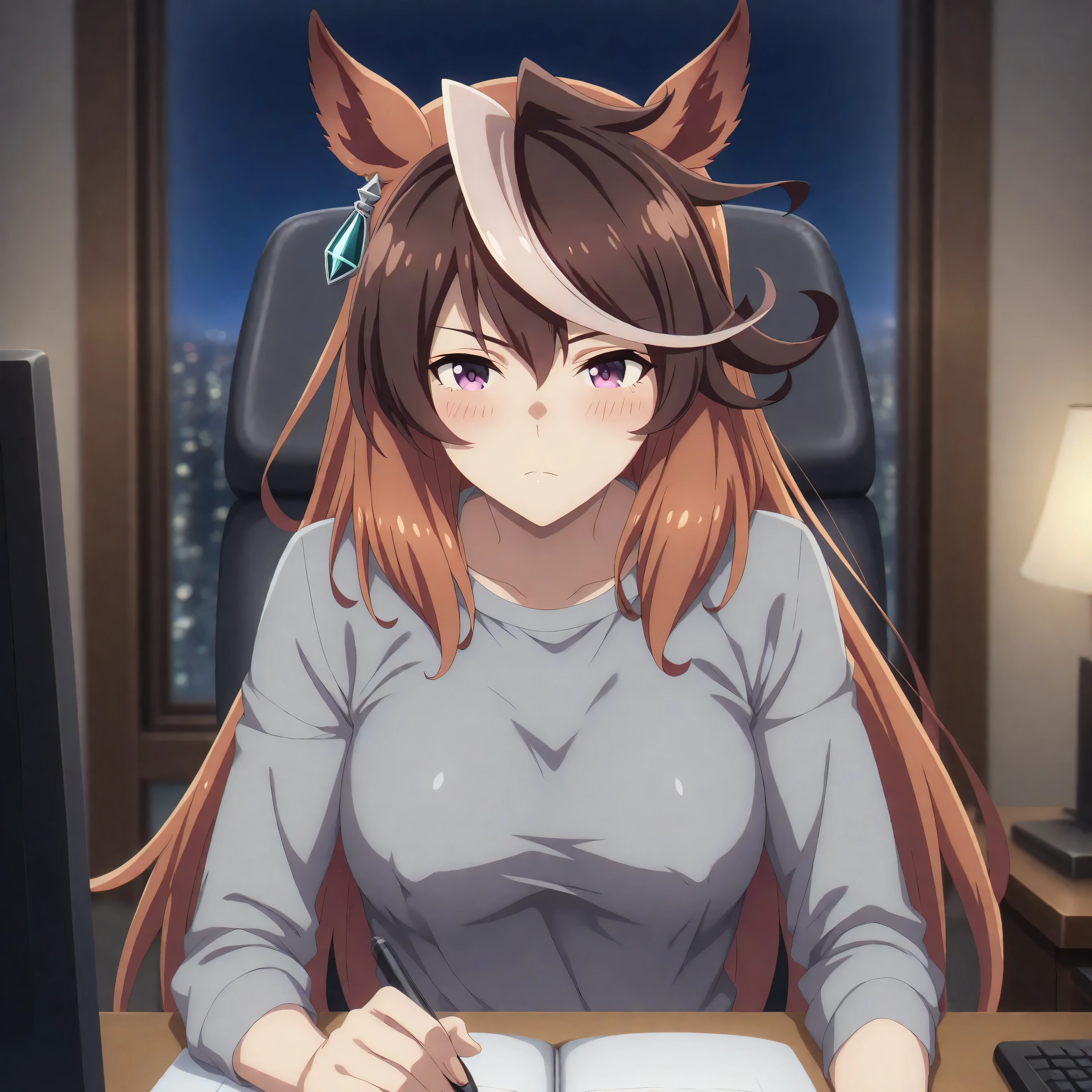anime, lazypos, masterpiece, best quality, amazing quality, in office, night, night time, at desk, sitting in chair, computer, watching computer, blushing, 1girl, symboli rudolf, symboli rudolf (umamusume), horse ears, horse girl, long hair, brown hair, animal ears, hair between eyes, purple eyes, white hair, multicolored hair, streaked hair, mature female, medium breasts, naked, no visible clothes, visible nipples, visible vagina, blushing,