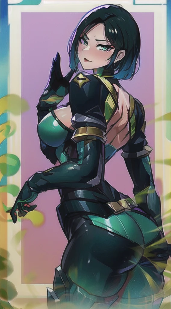 pixel-Viper-Mask mixing chemicals, poison, bodysuit, masterpiece, photorealistic, realistic, caustics, subsurface scattering, dynamic shot, dynamic pose, posing, wind, windy, windswept hair, large breasts, black hair, pale skin