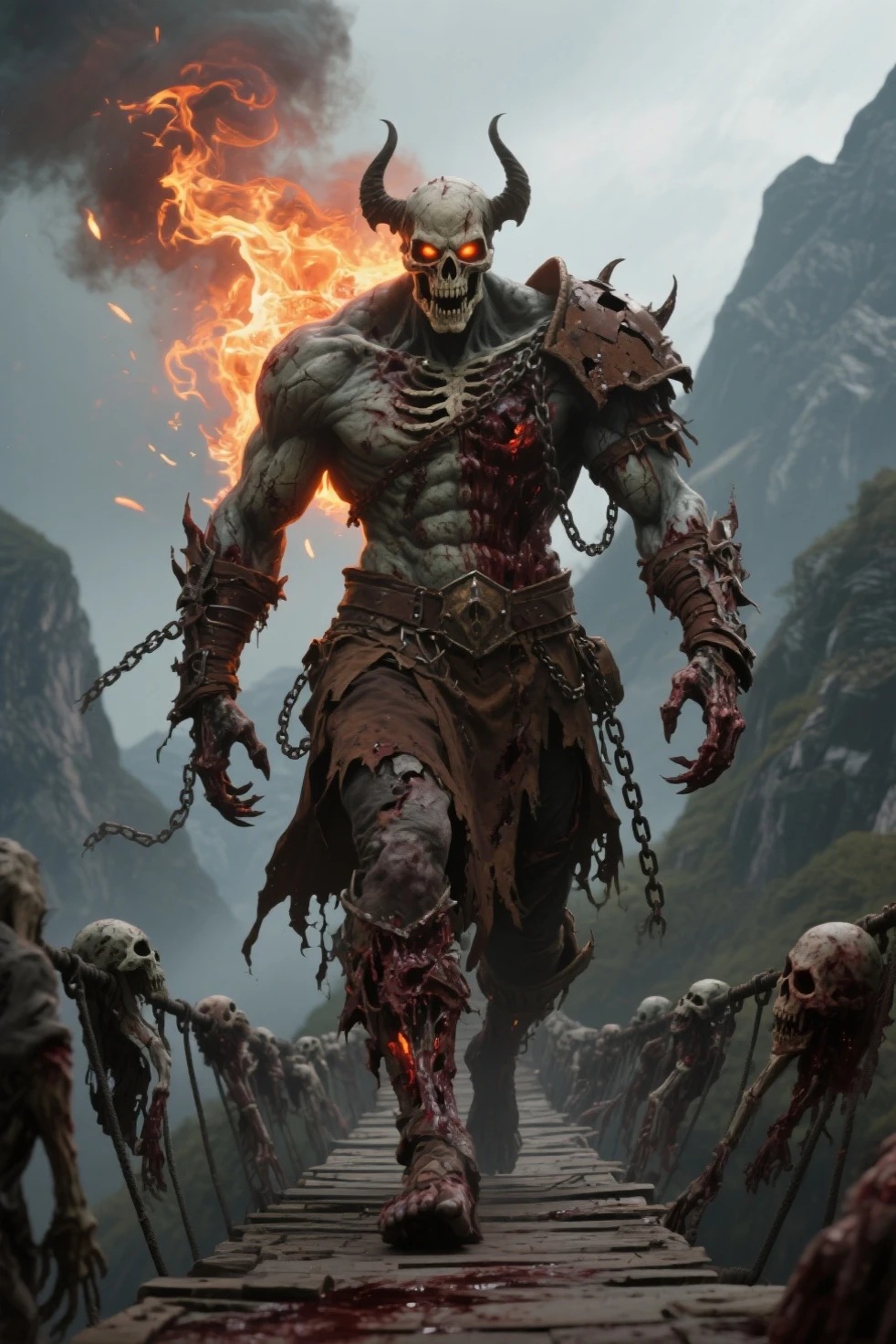 Fire zombie, muscle body, fire eyes, grip the heavy chain, scary face, villain, full body, full body view,