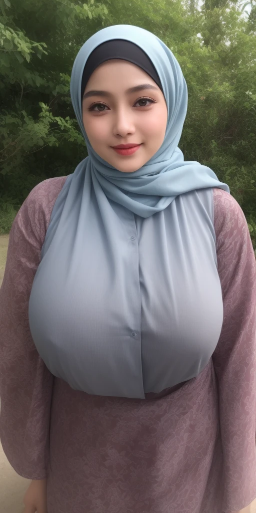 (Best quality, 8k, masterpiece: 1.3), 33 Years old, a hijab Indonesian milf woman with perfect figure: 1.4, dark brown hair, wearing a pendant, wearing an apron, in the kitchen, highly detailed face and skin, detailed eyes, double eyelids, big breasts, standing near kitchen table, full body