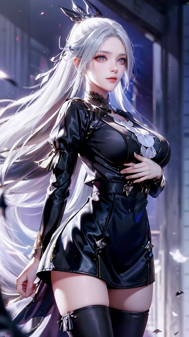 ((masterpiece:1.5、8K、Tabletop、フォトリアリスティックでVery detailedなCG、Very detailed、Particle Effects、Dynamic Effects、Shallow depth of field、Cinematic Light、Lens flare、Ray Tracing、Tabletop、Realistic:1.4、Ultra-high resolution:1.2、Realistic、Realistic))((alone、,A woman wearing a black fur coat over an off-the-shoulder sweater:1.4、Elegant and sexy woman、Detailed face、bright表情、young, bright, Whiter skin、Medium chest、Beautiful cleavage、Best Looks、Asian、Ultimate beauty、bright and shiny hair,、Super long, Silky straight hair、Hair dancing in the wind))(spectacular night sky、White Knight、Amazing starry sky)((shiny white hair))