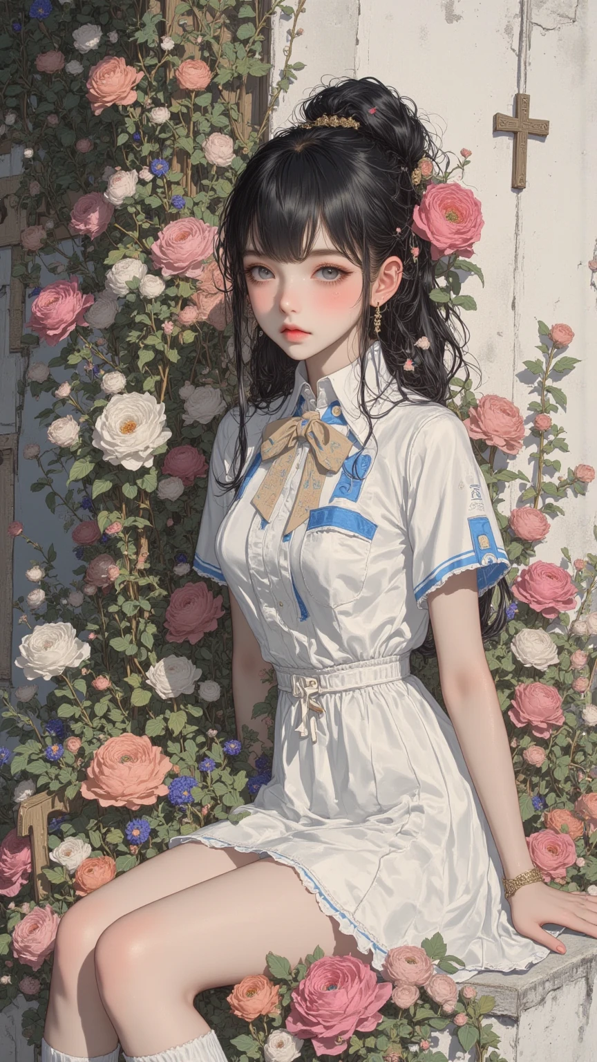Masterpiece, 1 beautiful girl, detailed eyes, swollen eyes, top quality, super high res, (Reality: 1.4), cinematic lighting, Japanese, Asian beauty, Korean, very beautiful, beautiful skin, slender, body facing forward, (super realistic), (high res), (8K), (very detailed), ( Best Illustration), (beautifully detailed eyes), (super detailed), (wallpaper), detailed face, bright lighting, professional lighting, looking at viewer, facing straight ahead, neat clothes, short hair, black hair, pureerosfaceace_v1, 46 point slanted bangs, hotel room with morning sun in the background, window The background is a hotel room with the morning sun shining through the window, a clear ocean outside, and an angle from the waist up,