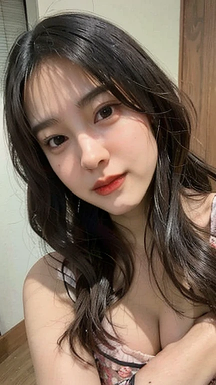 (((smile、Focus on the eyes:1.1、Extremely detailed:1.22、Ultra-high resolution、masterpiece:1.45、Highest quality)))、((((Whole body expression:1.68、camisole、Leaning forward、One person))))、long, straight black hair、So that every single hair is clearly visible、The subtle color changes of hair depending on how the light hits it、 Skin has a natural glow、Fine skin texture、Representing the fine details of pores:1.25、Details of the light redness on the forehead and cheeks、(((Eyes with fine iris details、The eyes depict color gradations and patterns.、Long, natural-looking eyelashes, each and every one visible、Well-groomed eyebrows、眉毛のindivual々The hair is clearly visible、Light reflecting off into the eye、The light in the eyes creates small highlights)))、The nose is delicate、Fine detail on the nostrils、Lips are plump and naturally pink、Depicts the fine lines and soft curves of the lips、lips are shiny and、The gloss on your lips accentuates their shape.、(((Detailed depiction of lip texture、Particular attention to the depiction of light and shadow、Soft natural light gently illuminates the face from the front、A faint glow on the forehead、A slight shine on the nose、A slight glow on the cheeks、Shadows are cast softly along the contours of the face、Accentuate the sides of your cheekbones、Accentuate the sides of the jawline、Emphasize the sides of the nose、The gloss on her lips reflects the light faintly、Lips emphasize the plump texture、The shadow of the hair gives depth and dimension、indivual々The hair shines in the light、