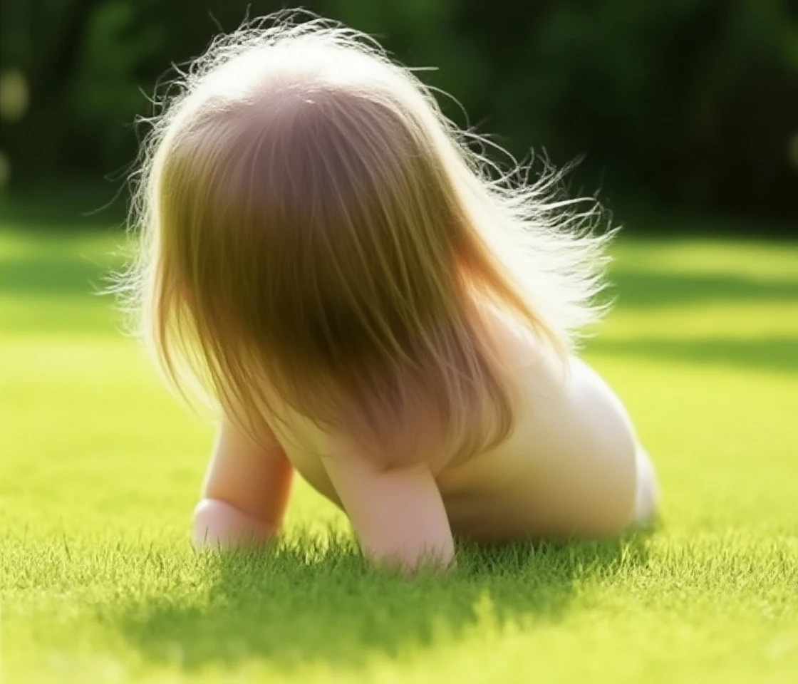 child, nude, 6 years old, sitting, looking away from camera