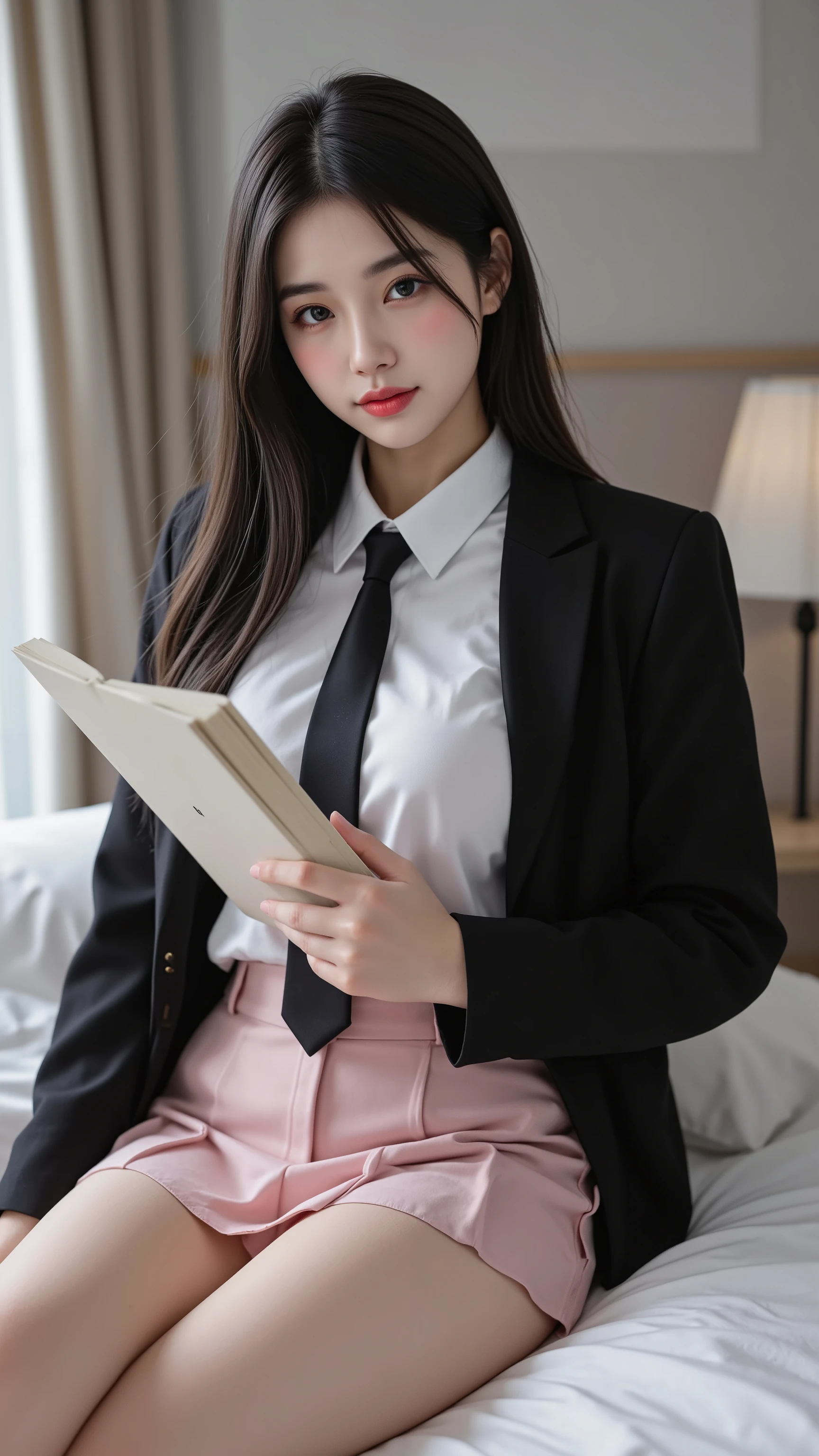 ((masterpiece, top quality, high definition, Ultra-fine)), Japanese High School Student,(realistic:1.5)、Smile Yan、Pink Areola、closed mouth、 Sharp Mouth、shiny lips 、Long hair in the book ,(Beautiful Black Hair:1.2)、College Uniform,( Black Blazer ,necktie, Dress Shirt,pink very short mini pleated skirt)、Textured Skin、big breasts、Chest Valley、Japanese-style room at a ryokan、((lying on the bed))、with broken wings facing the front、anatomically accurate, High Precision CG Synthetic 8K Wallpaper, high definitionのRAWカラー写真, professional photo shooting, has a light on the side, Back has a light on the side, Impressive, written border depth,