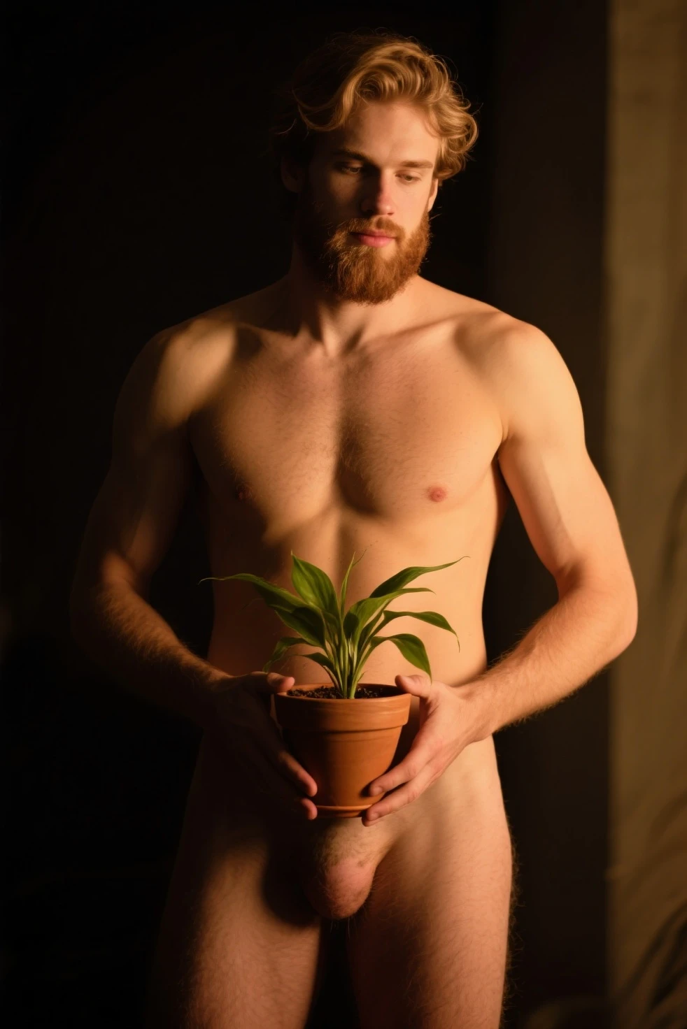Henry Cavil naked in the forest, you can see his erect penis and testicles, full body there are trees and plants with red and white flowers.