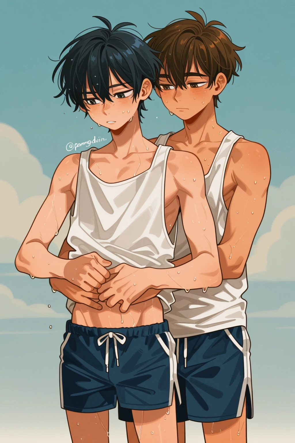 they are two young men standing in the water with their trunks on, akehiko inoue and ross tran, two anime handsome men, nick silva and ilya kuvshinov, in the beach, makoto shinkai and (cain kuga), cute boys, ross tran and bayard wu, guweiz and makoto shinkai, at the beach