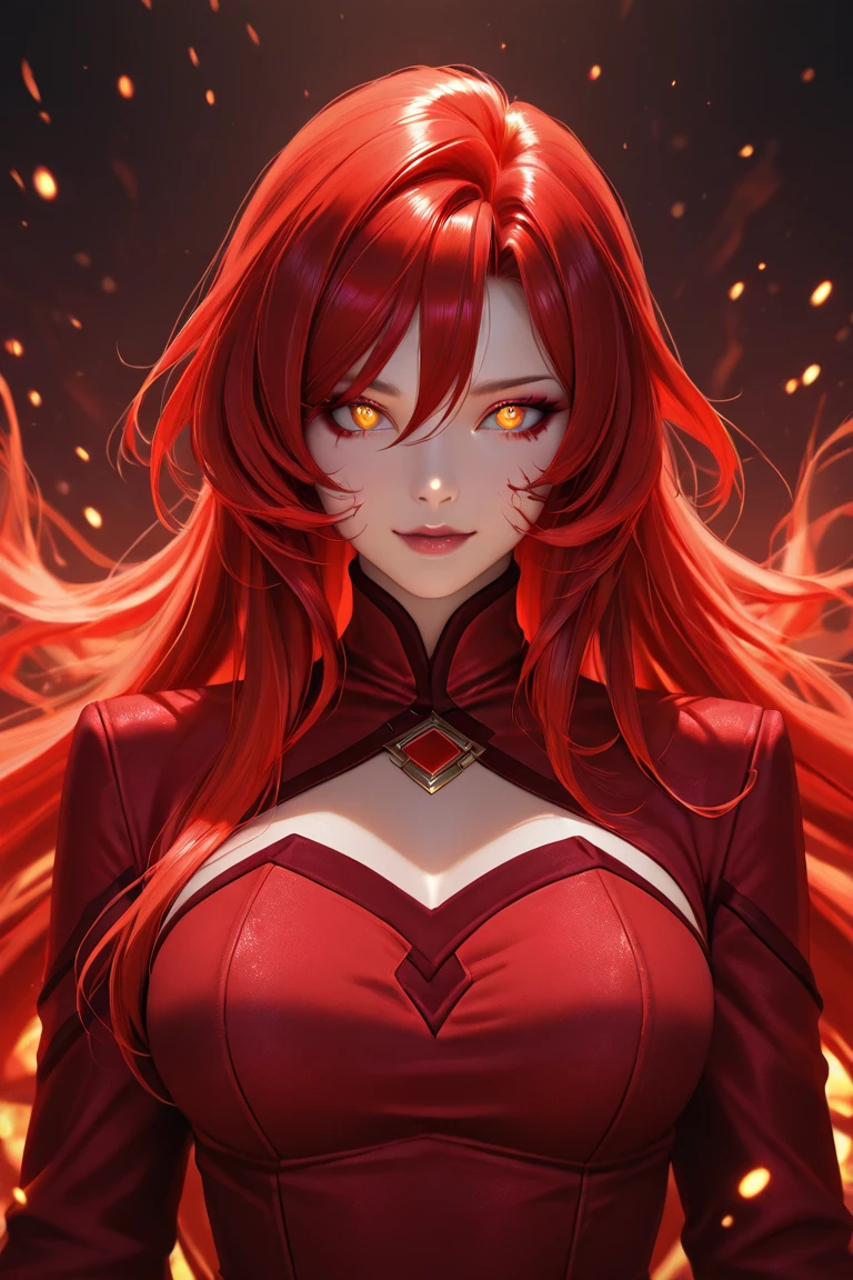 1girl, flying hair, red eyes, fire witch, blood on face, light particles, lightning rays, wallpaper, colorful, high contrast, vampire, smirk, evil smile, psychopathic smirk, psychopathic smile, tilted head, cleavage