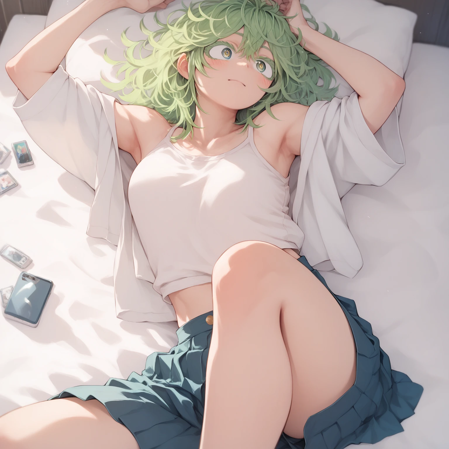 masterpiece, best quality, 1girl, solo, breasts, looking_a t_viewer, blush, medium_breasts, full_body, lying, on _back, armpits, arms_up, covered_navel, bed _sheet,, bedroom background, long t-shirt, green hair, (tatsumaki: 1.7)