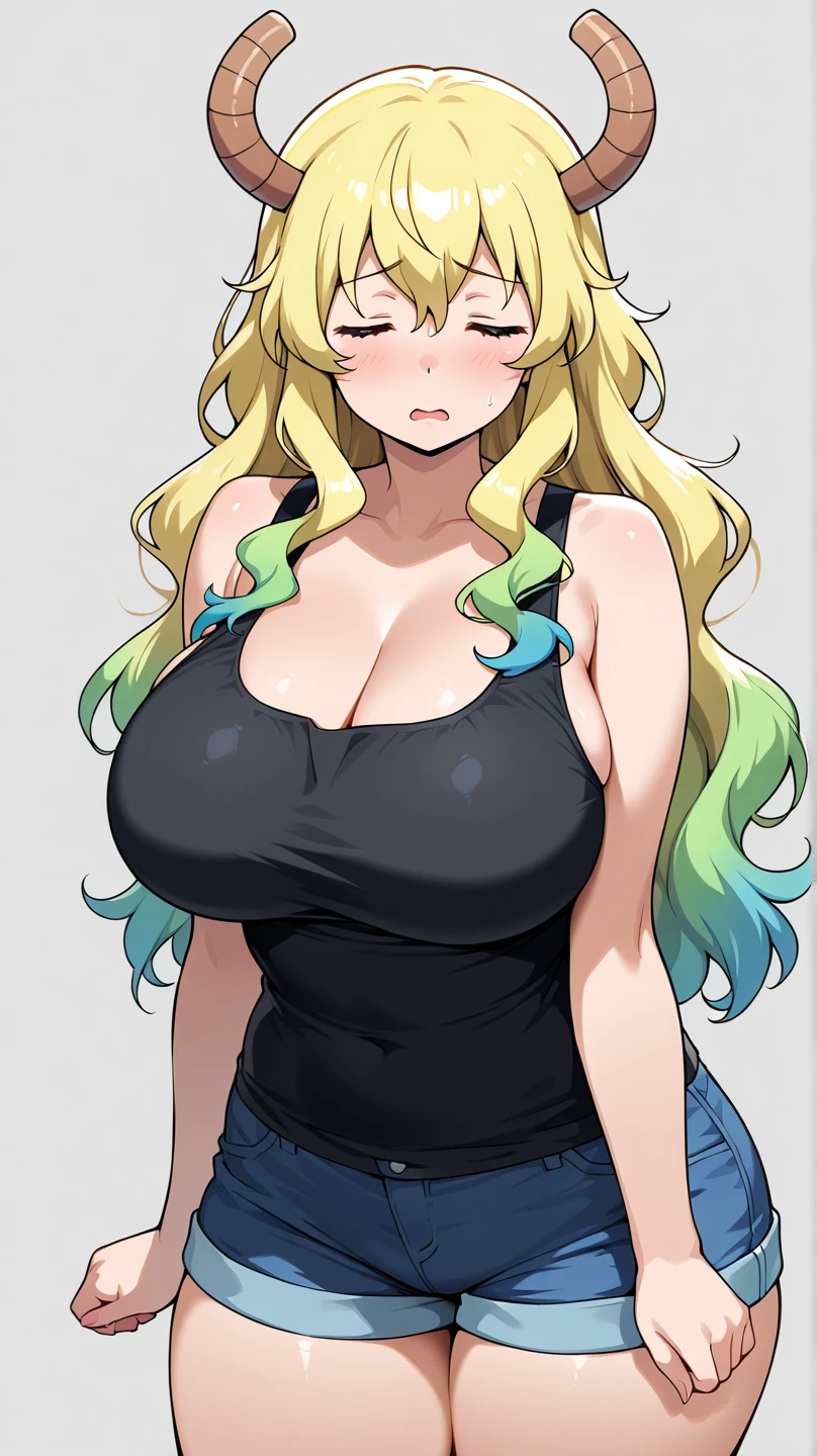 masterpiece, BREAK (lucoa) BREAK 1girl, mature female, best quality, cleavage, (huge breasts), big eyes, curvy, caustics, sunbeam, blonde hair, gradient hair, heterochromia, (yellow eye, green eye), black tank top, denim shorts, pink hat, hidden arms, black thighhighs, horns, !expression ><!, shame, simple background,