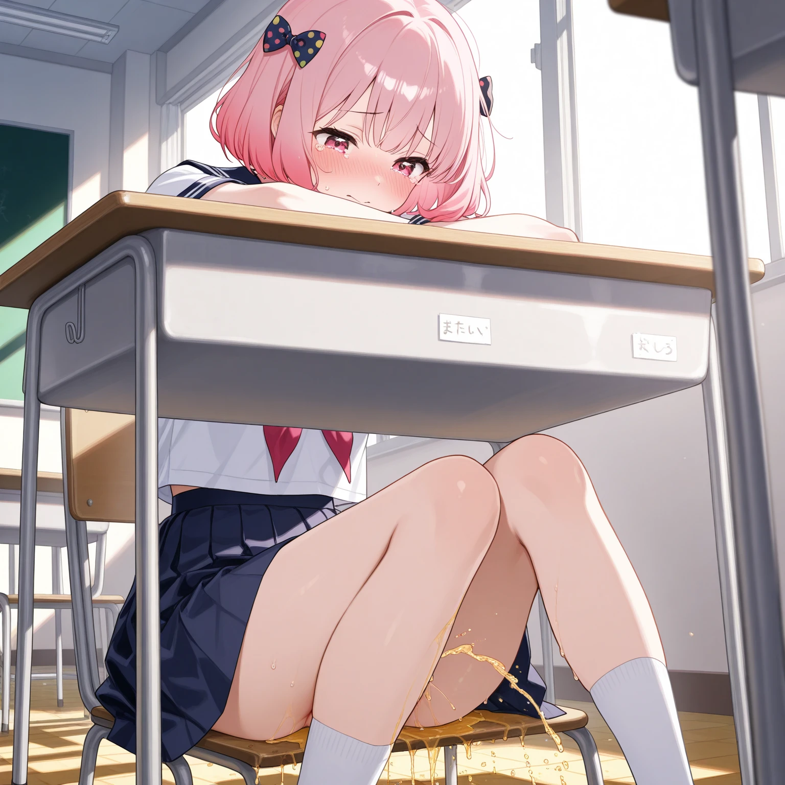 
Random pose、spread your legs、pale chestnut hair、short hair、Red eyes、Red ribbon、Blushing、I can see her pantie-shaped legs、School classroom.
Random pose