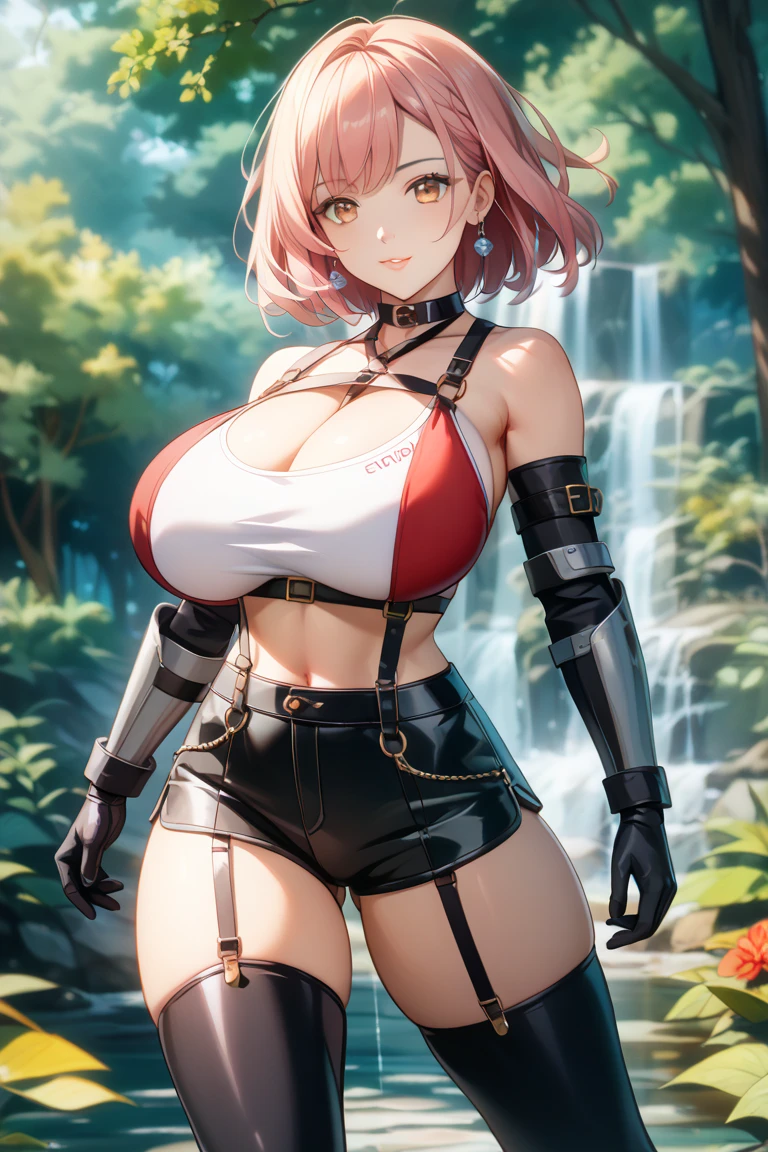 The World of NIKKE,A slender busty combatant gets upset for a change and shamelessly shows off her nipples,Huge areola,Sweat、A ruined city that blends in with nature