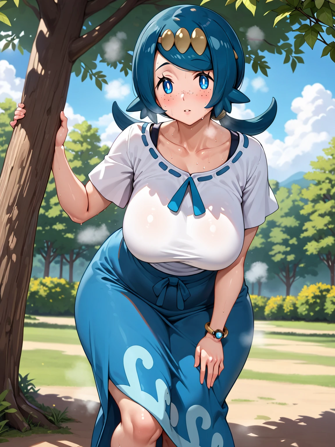 Masterpiece, Best Quality, high resolution, pier and sea in the background, a woman, alone, big breasts, Blue eyes, White skin, short hair, blue fur,look of satisfaction, blush, sitting on the dock, smiling, (pokemon), (row of white ovals in hair ) White shirt short blue skirt , legs separated and stretched, barefoot, hanging soles , head on, No panties, (soles of the feet), (view from under the pier) pies head on