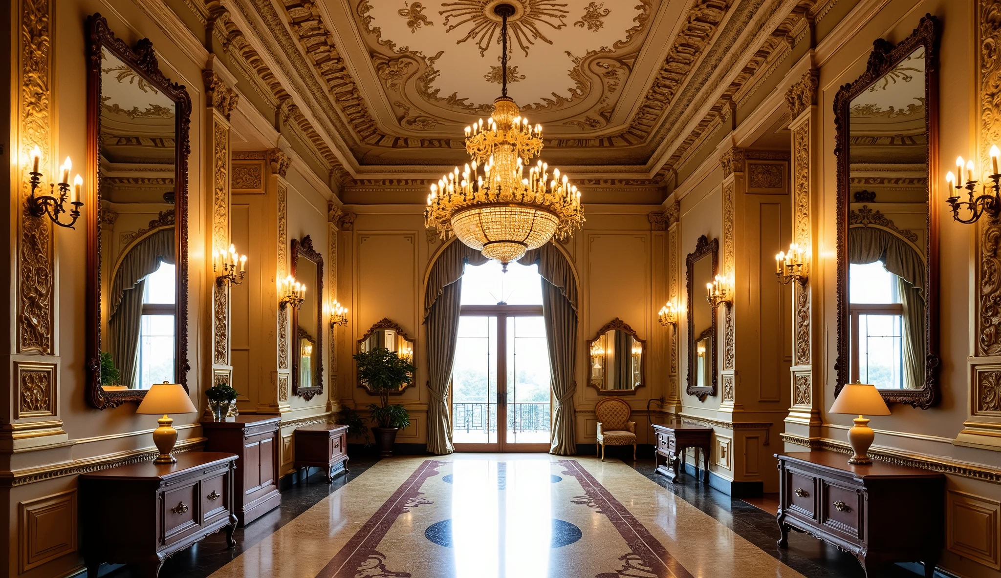 A panoramic view of the vestibule filled with intricately designed mirrors and an extravagant chandelier.,detailed background,,