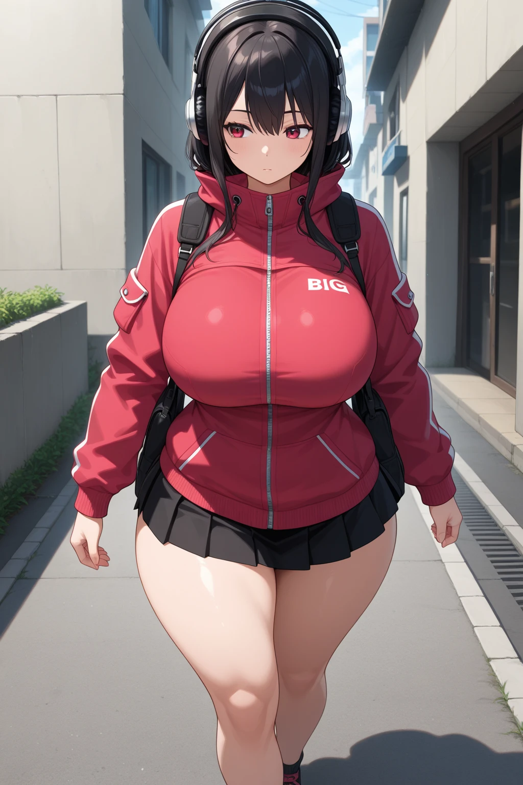 (((Best Quality))), ((Masterpiece)), ((Perfect Anatomy)), ((Perfect Hands)), ((Accurately Weathered Clothing)), ((Best Resolution)), (((Highest Detail))), ((Accurate Clothes)), (Proper Color Usage), (((1girl))), A Beautiful Cute Girl, with (Lush, Long Dark-Brown Hair), (Big Beautiful Blue Eyes), (Giant Breasts), Extremely Huge Breasts, (Extra Large Thighs), (Extra Thick Thighs), Big Cleavage, Very Athletic and Fit figure, but still Very Curvy Body. Wearing a (Red Top, Cropped Top), (Black Gym Shorts). Walking in the woods, with a mildly visible Cityscape in the distance, with a happy expression.