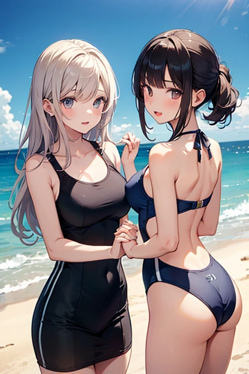 long crimson hair, silver eyes, tight black swimsuit, beach, large soft breast and butt, blue sky, 2girs pressing against each other