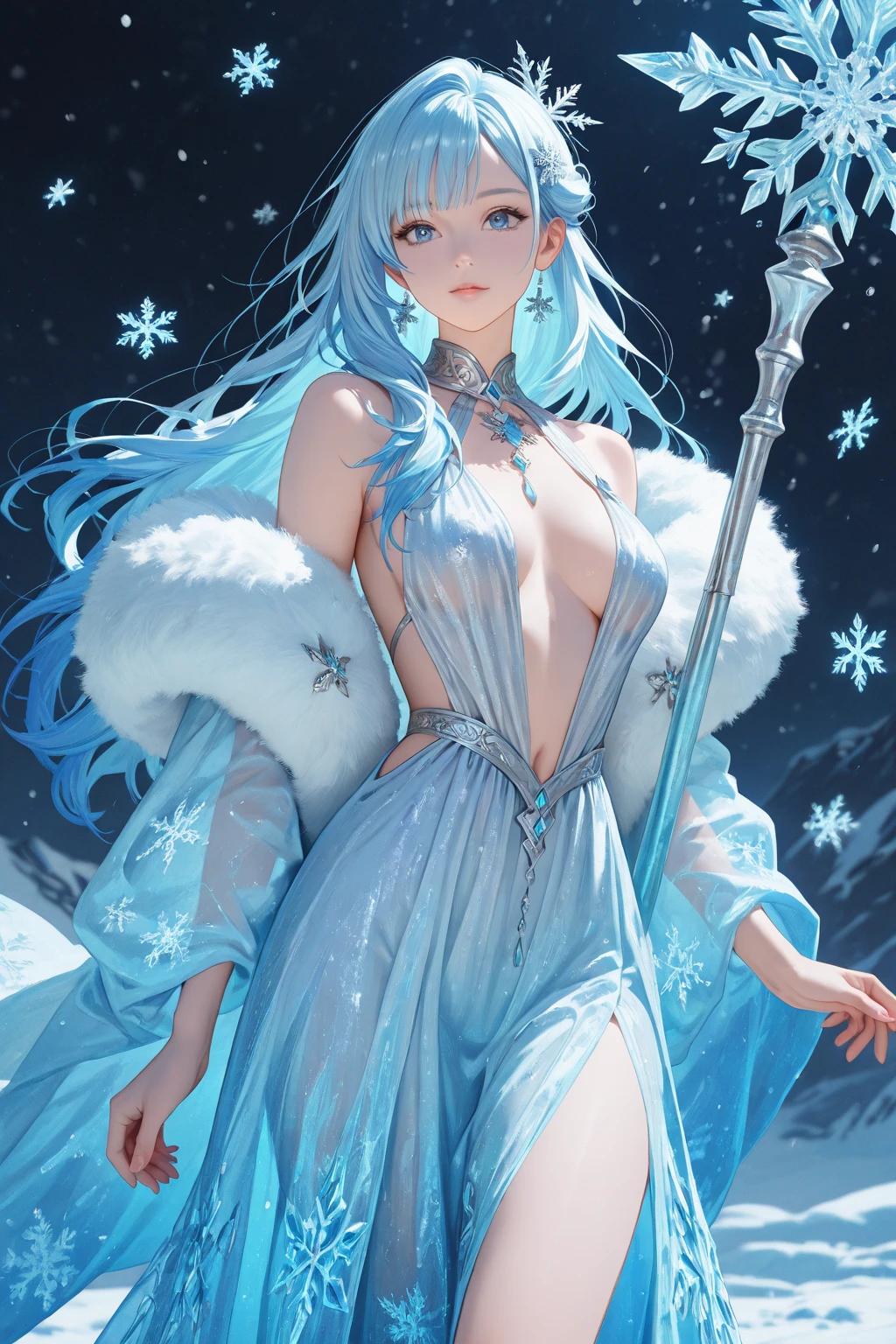wood, Exquisite mini ice spikes and crystals, Frozen waterfall in the background, Light reflected by ice crystals, Flowing snowflakes.Beautiful woman、Gray Hair、pretty girl,2.5D illustration,Beautiful cleavage、Graceful dancing woman、look back