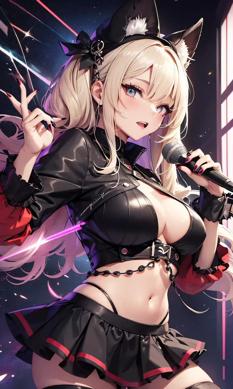 top-quality、Top image quality、​masterpiece、teens girl((18year old、 Ager、Best Bust、Medium bust,wide open breast tea、Golden Eyes, a blond、poneyTail、A slender,Highest valley、black vampire skirt、vampire makeup、Black wings、White powder makeup、red nail polish、Goth Loli Fashion、vampire teeth、Black underwear、claw pose、Open your mouth wide to the maximum、Spinning Pose、holding the mic)),hiquality、Beautiful Art、Background with((Night Live House、red laser light、Blue laser light、random laser points、Virtual space)),masutepiece、depth of fields、movie、visualart、Perfect Art、POV POV Perspective