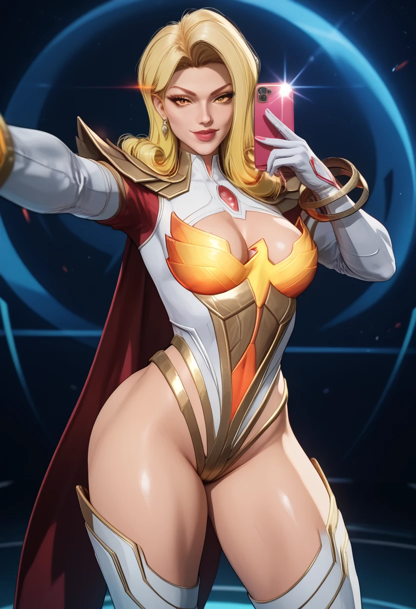 (masterpiece, best quality, ultra detailed, absurdres)1.5, 1girl, (sexy, beautiful woman, perfect face, perfect eyes, perfect female body)1.5, (, wavy hair, long hair, blonde hair, red eyes, mature female, milf, v-shaped eyebrows, red lips, extremely detailed clothes, smile, red elbow gloves, red thigh boots, red impossible clothes, red/black cape,very detailed, depth of fields。Create depth with atmospheric lighting,wide wide shot,detail,（Hyper-detailing）,（Complicated details）,（High resolution CGI artwork 8k),space, lens flare, mechas,AliciaViewstream,