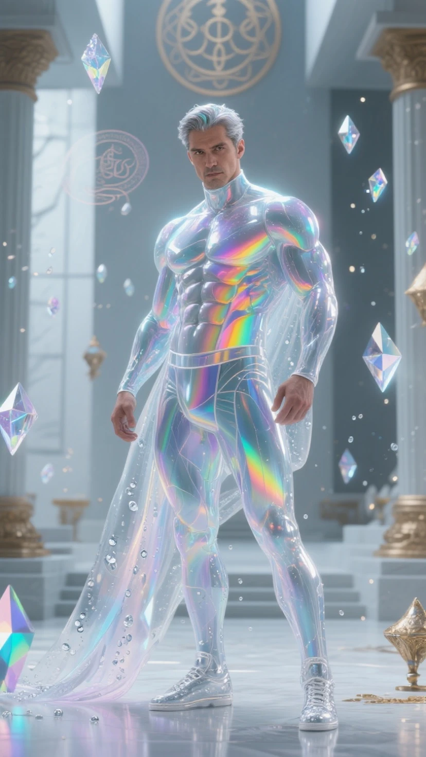 (photorealistic, masterpiece, best quality, highres, highly detailed), a young and handsome man posing nude surrounded by crystal, personification of crystal as a man, 18-year-old man, nude, penis, vibrant colors, realistic lighting, sparkling reflections, radiant and transparent skin, slim athletic physique, intense gaze, striking features, well-defined jawline, tousled hair, confident and relaxed posture, artistic composition, elegant and graceful pose, captivating and alluring expression, the man's body covered with delicate and intricate crystals, creating a mesmerizing and ethereal effect, immaculate attention to detail, flawless rendering of textures, harmonious blend of realism and fantasy, incredible depth and dimension, attention-grabbing contrast between the smoothness of the man's skin and the texture of the crystals, seamless integration of the human form with the crystal surroundings, evoking a sense of grace, beauty, and mystery, powerful symbolism of purity and strength embodied by the crystal elements, expert use of shadows and highlights to enhance the three-dimensional quality of the image, masterful use of color to create a dreamlike atmosphere, refined and subtle nuances of light and shade, creating a visually stunning and emotionally impactful scene, exquisite craftsmanship and skillful execution, capturing the essence of both the human form and the ethereal beauty of crystals, creating an unforgettable and awe-inspiring visual experience.