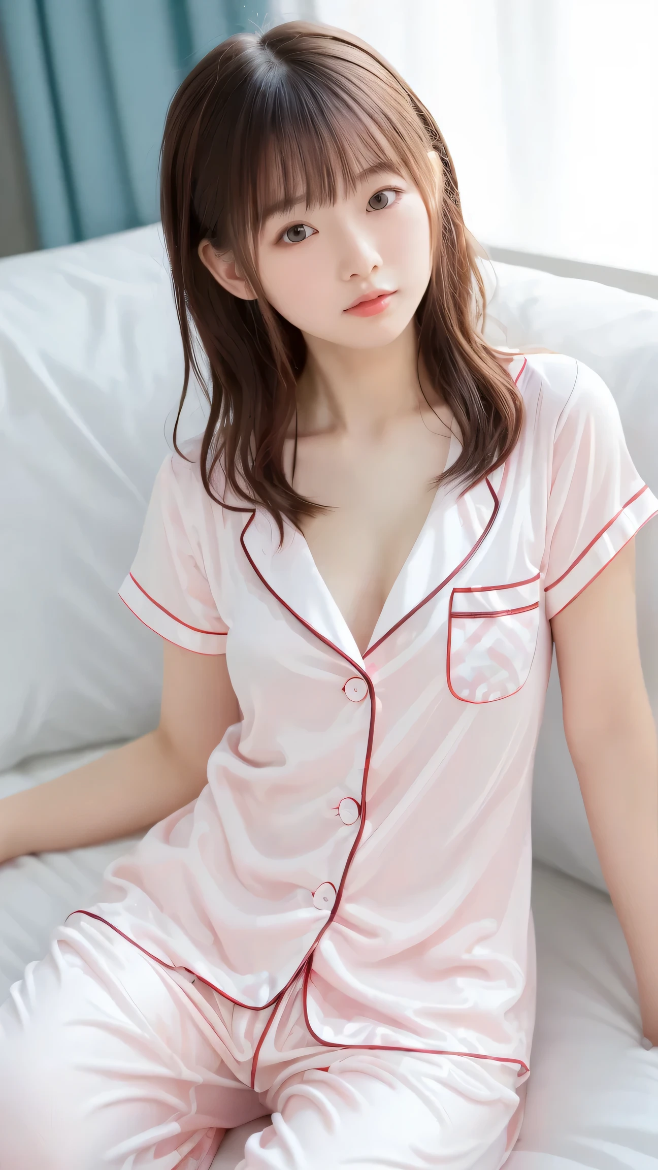 masterpiece, top quality, girls, (tight nylon pajamas), Polka dot pattern, cute, summer, bed, Sunshine, anime style, high resolution, Super Detailed、Sleepy face、((Messy Hairstyle))