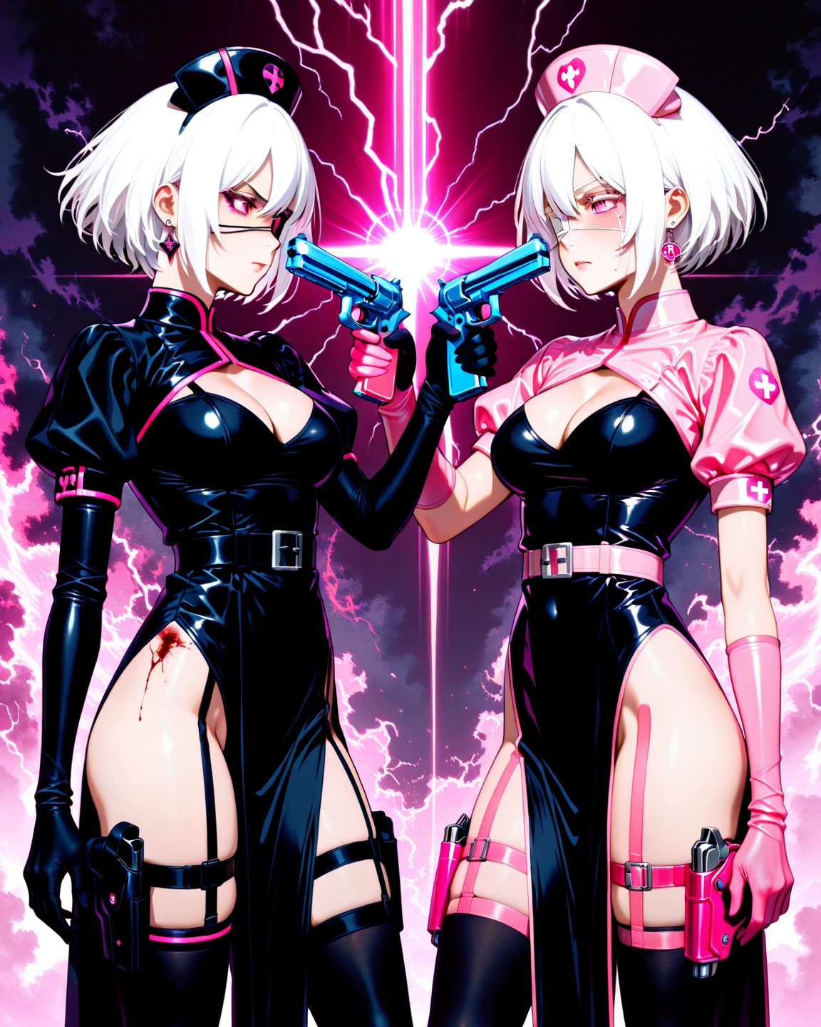 The image shows Lady Deadpool (Wanda Wilson) y Spider-Gwen (Gwen Stacy) in a dynamic team pose. Lady Deadpool is on the left, with his characteristic red and black suit, wearing her mask with her blonde ponytail peeking out the top. He is in a dynamic pose, holding a katana in one hand and a gun in the other, with a mocking expression visible through his mask.
On your right side, Spider-Gwen is swinging with a web, her black and white suit with pink details shining. He wears his signature hood, and his gaze under the mask denotes confidence. Both are in an urban environment at night, with the city skyscrapers in the background, illuminated by window lights and some neon lights. The sky is dark, but a bright full moon gives them a heroic and enigmatic touch.