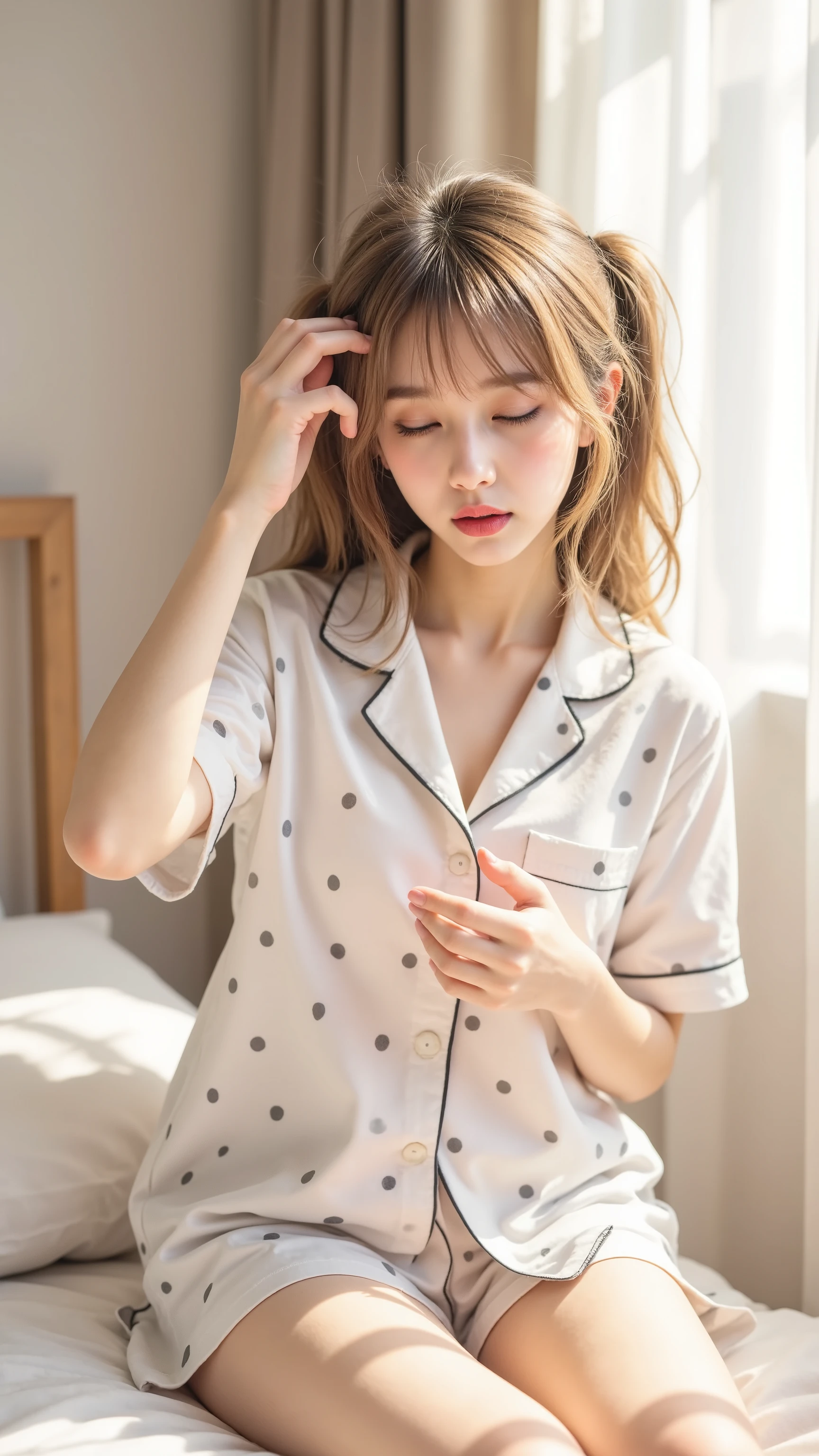 masterpiece, top quality, girls, pajamas, Polka dot pattern, cute, summer, bed, sitting、Sunshine, anime style, high resolution, Super Detailed、Yawning、 Awaken、Raise the Extend one hand a lot big breasts belly button だらしないpajamas tousled hair