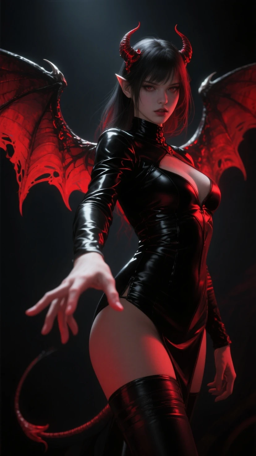 realistic, simple, color-blocked, dark, muted background, powerful demon lord, dark dress, sheer sleeves, high-pointed collar, reclining, dragon-like form, dimly lit lair, black_hair, glowing, otherworldly, hypnotic light, dragon scales, wings, passionate demon girl, devil horns, glowing eyes, iris, demonic slit pupil
