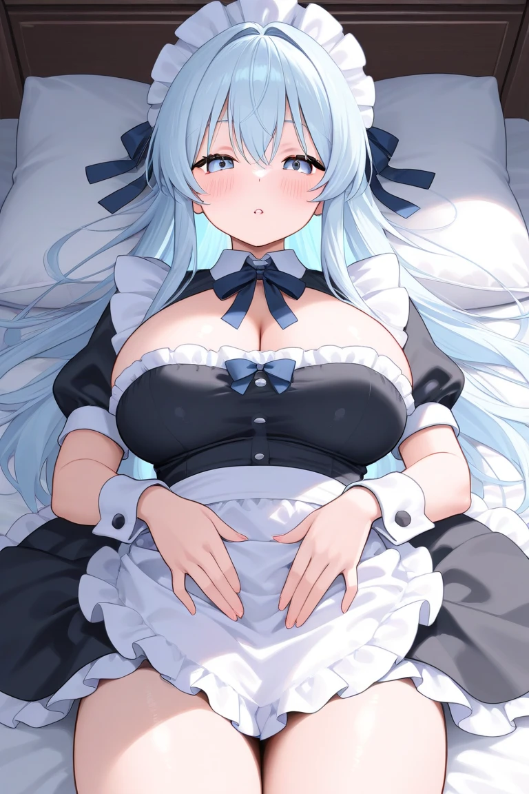 score_9, score_8_up, score_7_up, source_anime BREAK 1girl, solo, <lora:privaty-nikke-richy-v1_pdxl:1> privatymaid, yellow eyes, aqua hair, twintails, very long hair, cat ears, maid headdress, hairclip, cleavage, huge breasts, neck bell, bow, maid apron, white gloves, elbow gloves, garter straps, white thighhighs, <lora:yabby-artist-richy-v1_pdxl:1> kneeling, looking at viewer, bed, bedroom