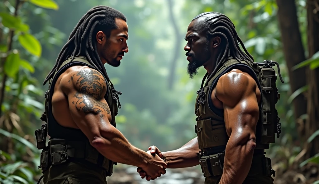 Best quality, ultra-detailed, photorealistic: 1.5.
A haunting image of a towering figure, an extraordinary physique with six pack body shape and ripped muscles, shaped like a wild, ferocious tiger. The figure stands at an intimidating two meters tall, with sleek, golden fur that shimmers in the dense forest. His powerful presence is accentuated by his sharp, piercing eyes and long, sharp claws, menacing fangs, and dominant alpha male confidence stride. The forest around him is lush and dense, with a vibrant and threatening undergrowth of poisonous flowers, bizarre and unearthly in their appearance. The atmosphere is misty