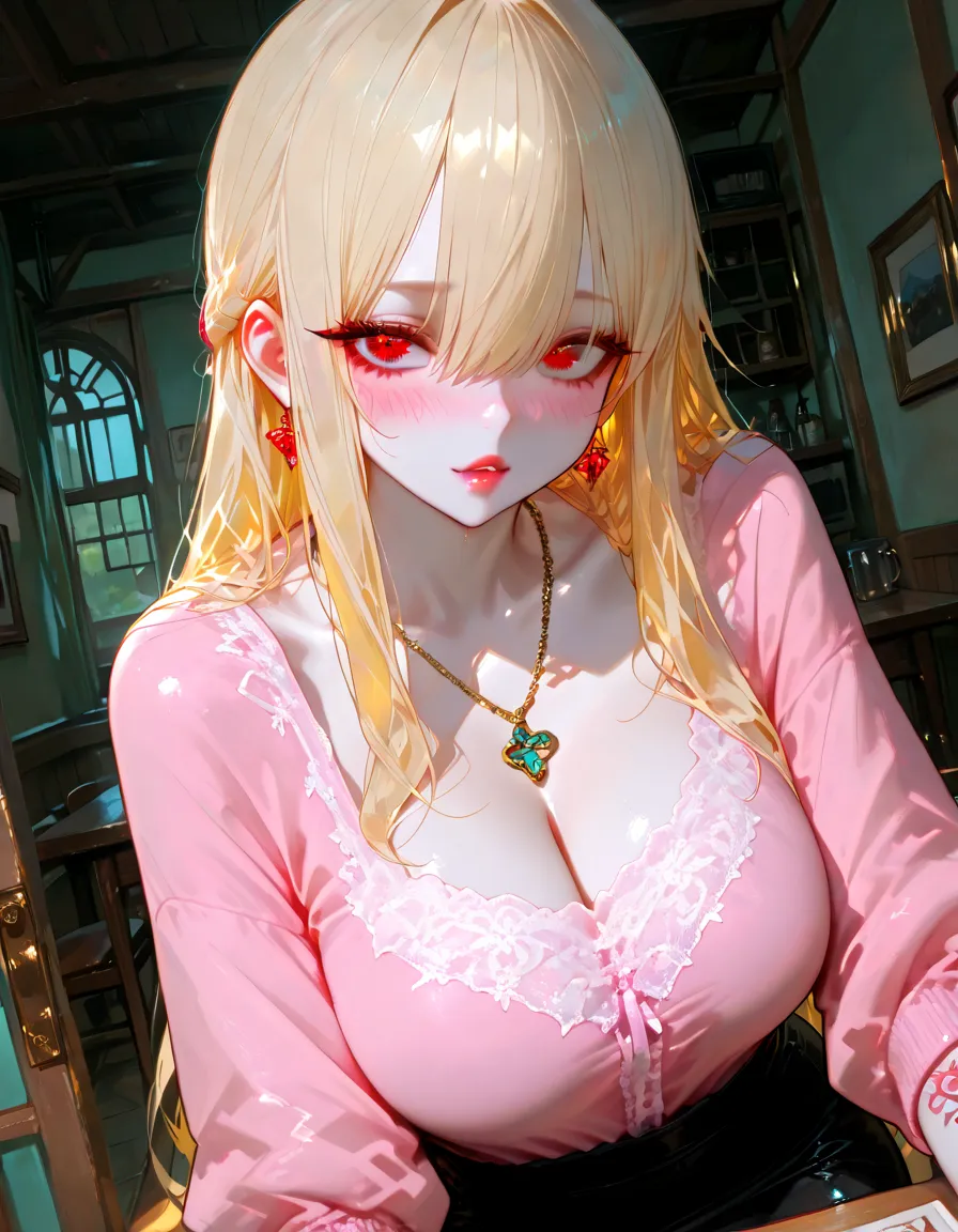 (masterpiece, best quality), Marin Kitagawa, beautiful girl, blonde hair, choker, ear piercing, earrings, long hair, piercing, (red eyes:1.5), straight hair, swept bangs, big chest,white top thin straps ,tight black pants punk look , medium , , Exquisite visuals, high-definition,masterpiece,best quality, looking at viewer,looking at viewer, sweating a lot thighs sitting