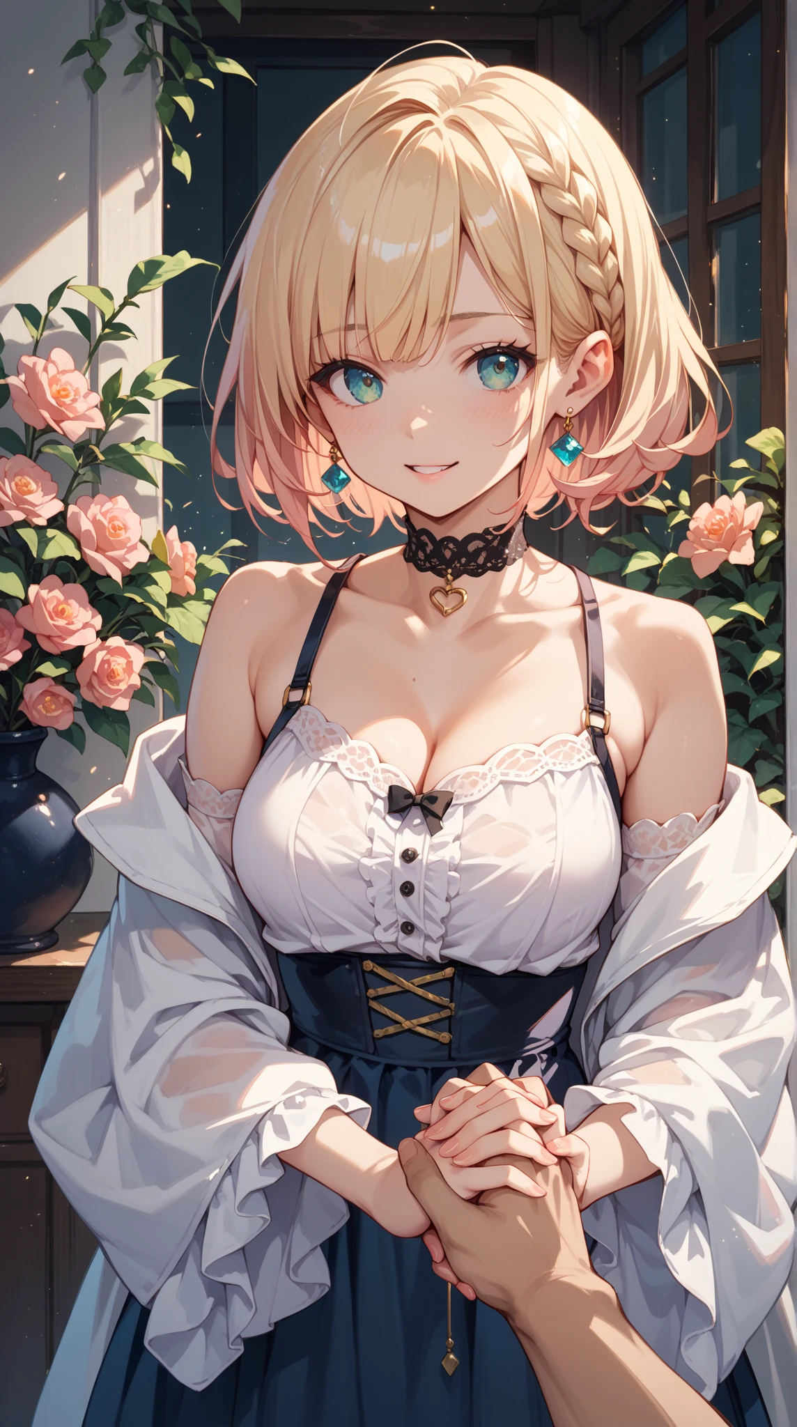 1 girl, blonde bob hair, heart shaped eyes, ♡, big breasts, lace queen, {girl with blonde bob hair named nao}, (Pink eye color), {McLaren race car}, (smile), bright background , mole under eye, Star-shaped choker, (masterpiece, highest quality), very detailed, highest quality, official art, beautiful and aesthetic: 1.2), (1 girl), very detailed, (geometry art: 1.3), colorful, most detailed ,(garden,beautiful flower々), (masterpiece, highest quality), official art, beautiful and aesthetic: 1.2), (1 girl), very detailed, (geometry art: 1.3), colorful