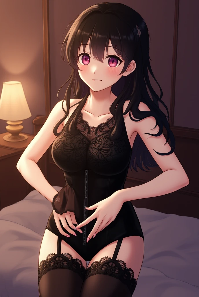 masterpiece, best quality, highres, hmkm1, ponytail, mole under eye, cleavage, jewelry, necklace, hair scrunchie, strap slip, black dress, thigh strap, <lora:koinoya_mai_v1:0.7>, indoors, sitting, bedroom, bed, smile,