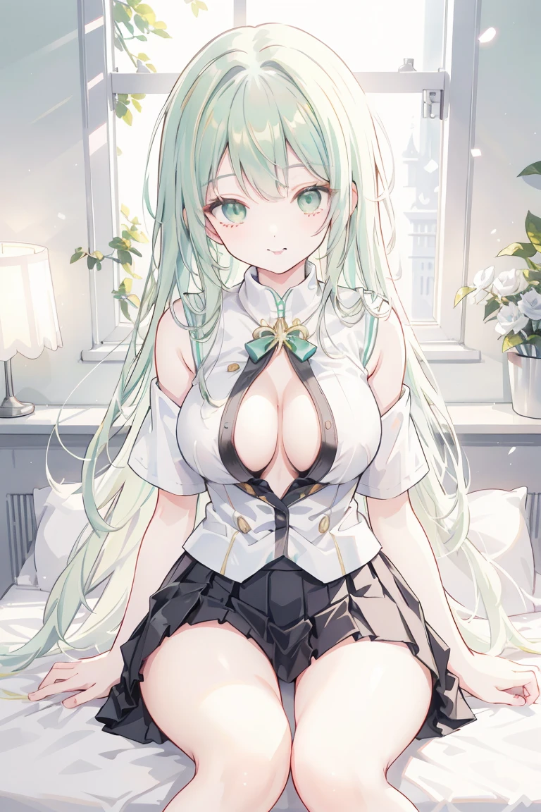 1girl, (librarian in heaven ), navel up shot, standing, smiling quietly, intellectual and serious expression, natural cheek, super beautiful, perfect body, medium breast, thin eyebrows, skinny body , top quality, wearing white long sleeve dress with a lot of frill, complicated pattern fabric, glossy jewerly on its trims, extra long hair, pale green hair, straight, straight bangs, large glossy barrette on her head, at a huge library with a lot of bookshelf, sunny outside the window, 8k, ultra detailed, masterpiece,