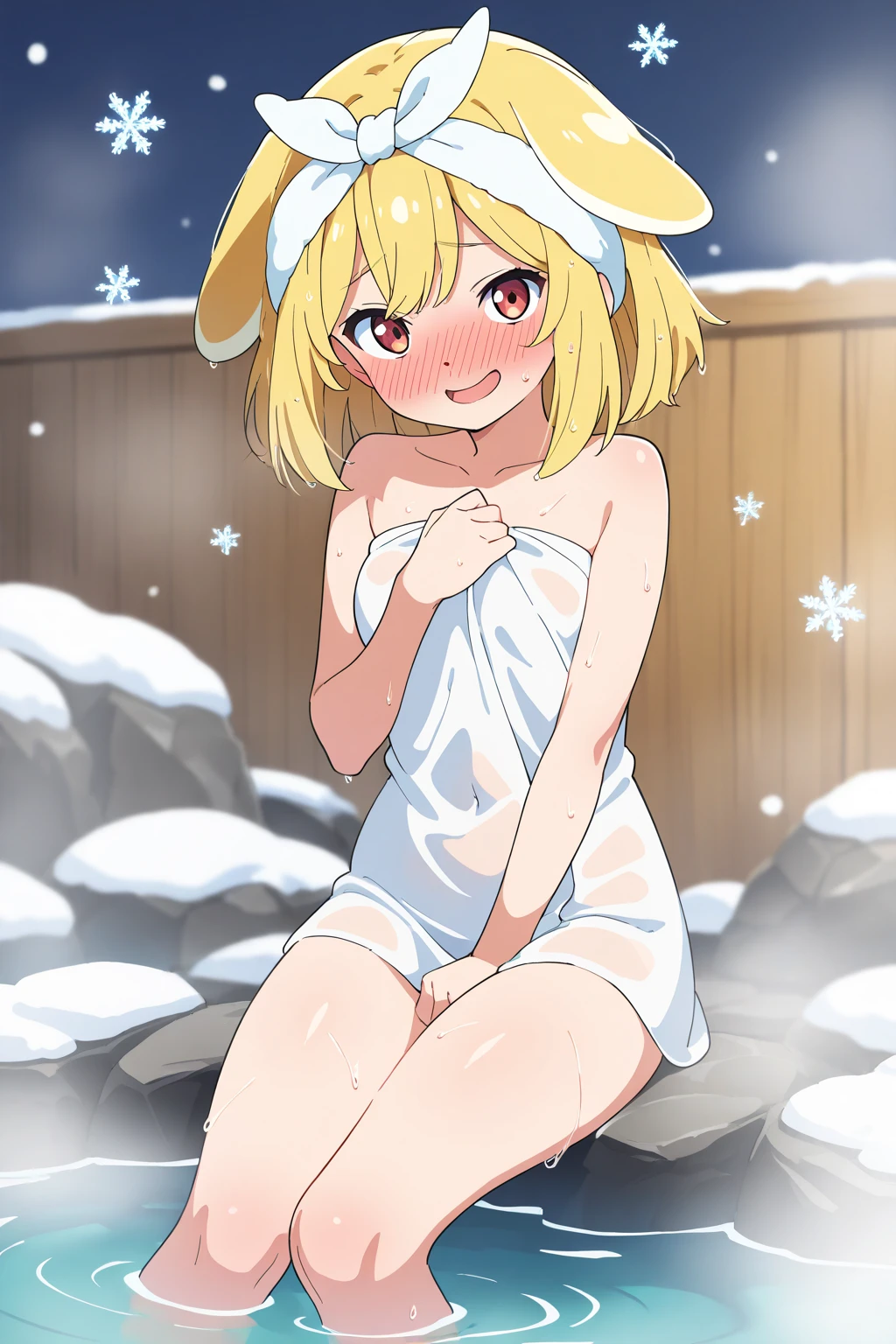 1girl, solo, houjousatoko, blonde hair, short hair, hairband, Purple eyes, 16years old, , empty eyes , large breasts, nipple, Running, , Heavy snowfall area　frozen wet crying mountain Alone, Smile Naked , Peeing, lactation, projectile lactation
