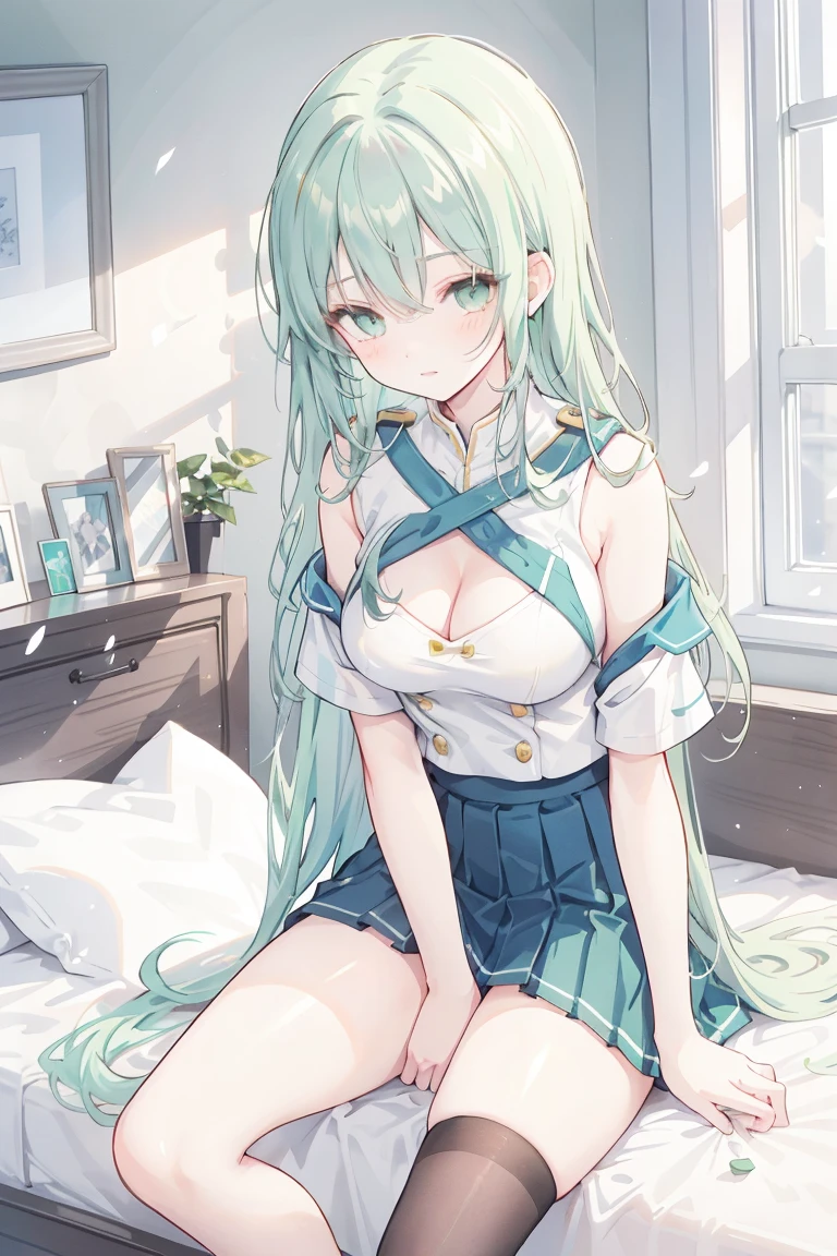 Draw a single woman. Create a high-quality anime image of a beautiful female character with long, flowing aqua-green hair adorned with white flowers. She has large, sparkling blue eyes and a gentle smile with a slight blush on her cheeks. The character wears a stylish black outfit with intricate details, including black ruffled sleeves and a cross-strap design on the back. A pink ribbon and a golden heart accentuate her waist. She is looking towards you, winking and smiling very much.

The setting is a bright, cozy room with sunlight streaming in from the ceiling giving the character a warm glow. The background includes a small bookshelf, green plants and other elements that contribute to a calm, inviting atmosphere.

The overall atmosphere of the image should be bright and a little flirty, highlighting the character's charm and attractive personality.　arched back