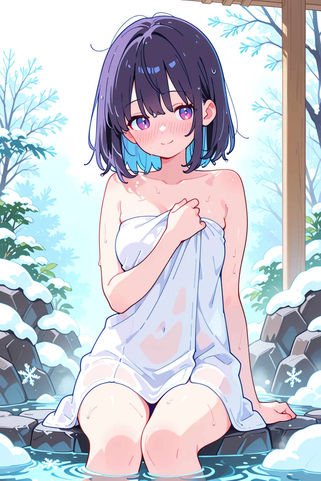 kaito, two-toned hair, blue hair, purple hair, purple eyes, scarf, necklace, , , empty eyes , large breasts, nipple, Running, , Heavy snowfall area frozen wet crying mountain Alone, crying, Naked, solo, 1girl,