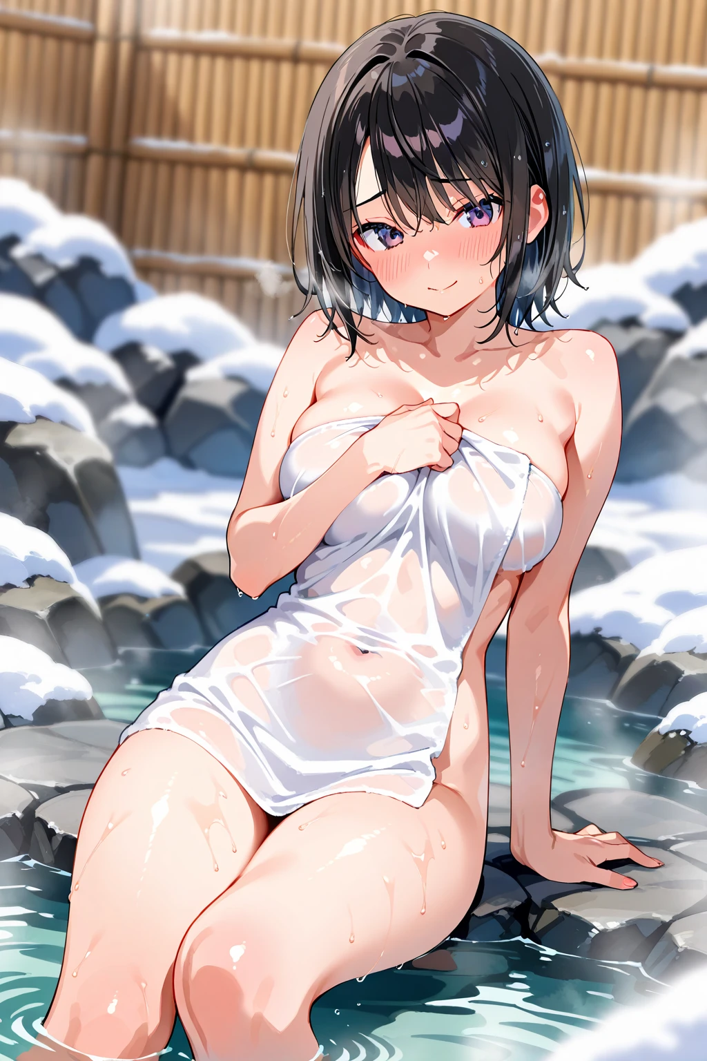 solo,   kudokanae, green eyes, short hair, ribbon, Black hair , large breasts, empty eyes , large breasts, nipple, Running, , Heavy snowfall area　frozen  ,  (Sweating profusely, Love juice, Wet Woman, female ejaculation) , crying mountain, Smile , crying, Naked, Peeing, lactation, projectile lactation