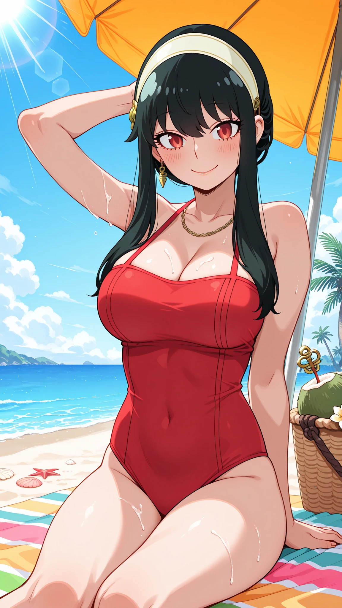anime woman, humongous large boobs, massive cleavage, bikini