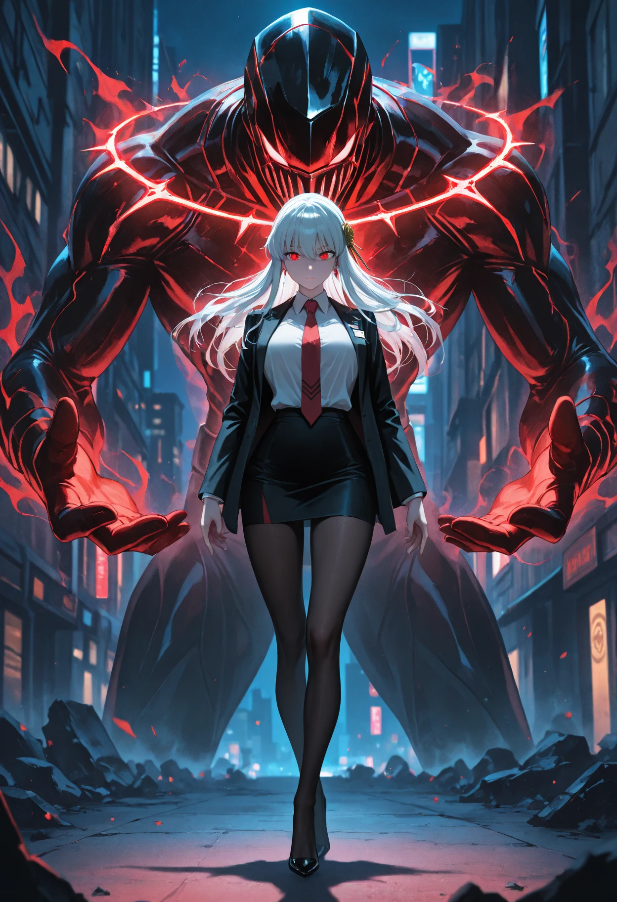 masterpiece, best quality, 8K, number, 1 girl shoots two beams of light from her eyes,Old album cover,Simple style,Out-of-body experiences, solitary, stand up, youth, White hair, Long White hair, Hair accessories, Red Eyes, Round pupil, Emotionless expression, Blood, Mechanical Parts, electric wire, cable, Failure Effect, Shocking, Science fiction, Futuristic, The background is darker, neon, Cyberpunk Characters, Surrealism, Strange, Disturbing, Creepy, Shocking, One-piece Pants,Red Eyes,venom,Black,Long black gloves,One-piece Pants,Tight latex bodysuit,Highlight her graceful figure,Wrap the whole body,Symbiote,((Sexy highlighted)),One-piece Pants,Red Eyes,venom,Black,Long black gloves,One-piece Pants,Black latex suit,Blood-Red Eyes,best quality, high resolution, Very detailed, Vivid texture, mask, Tight latex bodysuit, Bangs,Purple Hair, blue eyes