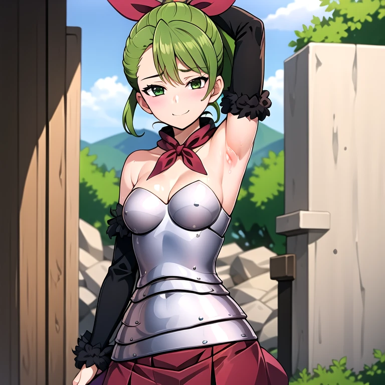 best quality,masterpiece, Deldry, 1girl, solo, green hair, armor,silver armor,upper body, pink ribbon,sleeves fur, detached sleeves,((random pose)),microskirt,standing, cleavage,green eyes, pink necktie,medium breasts,off shoulder, bare shoulders, short hair,ponytail,green hair,(outdoors),<lora:Deldry:0.8>