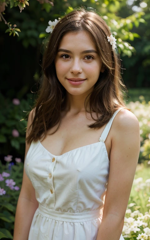((Closeup of sexy muse girl in front of Guangdong flower garden, wear new white women's sleeveless t-shirt)),details of her face and skin, sharp focus on her face, perfect lighting on her face, short hair, bangs, (High nose)), (red lips, white teeth), ((small breats)), (blue eyes:1,6), ((dimpled smile:1,6 )),((sharp focus on her face)), Looking at the audience
