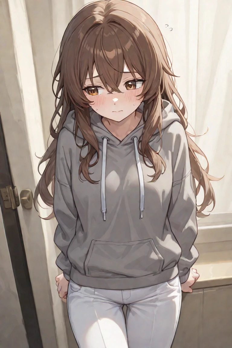 1 girl, alone, chizuru mizuhara, masterpiece, best quality, 8k wallpaper, beautiful detailed eyes, 1 girl, long hair, looking at viewer, blushing, brown hair, brown eyes, thighs baggy, red hoodie,