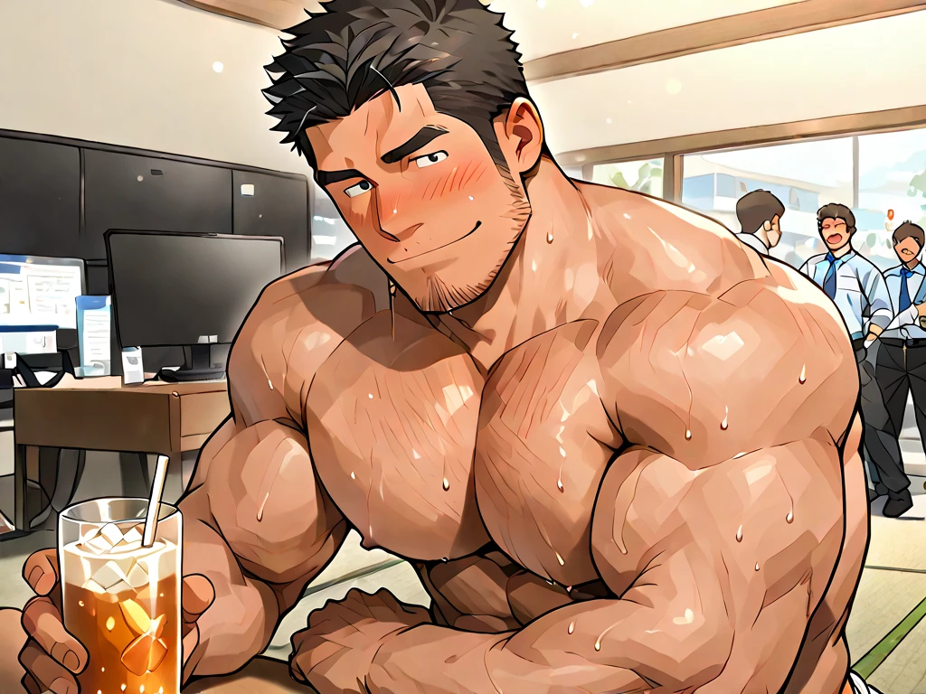 Kiritsugu is sitting and crushing an apple with his hand. He wears black short boxershorts. You can see his thighs completely. He is shirtless. He is showing his abs too. He is admiring his arms. He has a huge bulge.