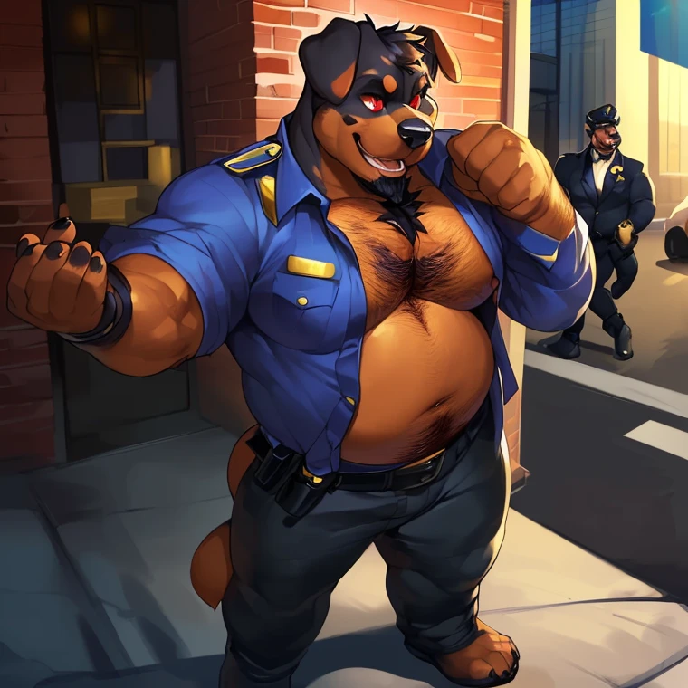 (masterpiece), (best quality),Woman ((anthro)) ,dog, doberman,shepherd,((police woman)), brown skin,1girl,solo,(angry),grind teeth,volumetric lighting, fluff,Wolf's tail,mature female,volumetric lighting, dark ,Back alleys at night, police hat, blue cloth, burly girl, brawny girl,long legs,huge breasts,huge ass, full body view, ( wide:1),(arms behind head:1), standing squatting ,athlete,tight waist,musclar arms,dr comet,pochincoff,Pixelsketcher, (mayosplash), (wamudrawasterpiece),cutesexyrobutts, hioshiru,kingbang,Dog Collar, (sweating),in a cage,((caged)), tied back with a rope, chained,