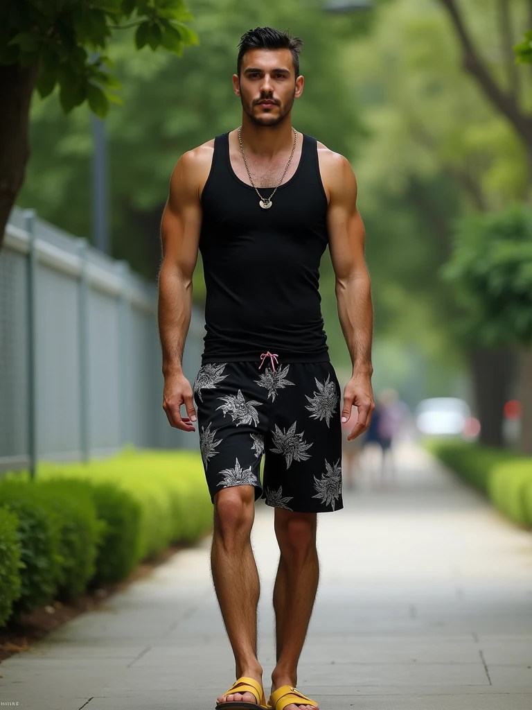 (best quality,8K,masterpiece:1.3),full body,sharp focus:1.2,exceptional style:1.4,chiseled abs:1.2,(black hair,big:1.2),black vest,highly detailed  and skin texture,detailed eyes,double eyelids, full body , wearing (()), handsome with open vest, inside the forest, wearing shoes, necklace and earrings, perfect masculinity, young and fresh, with tatto on his navel, leaning against a big rock on a beach, 