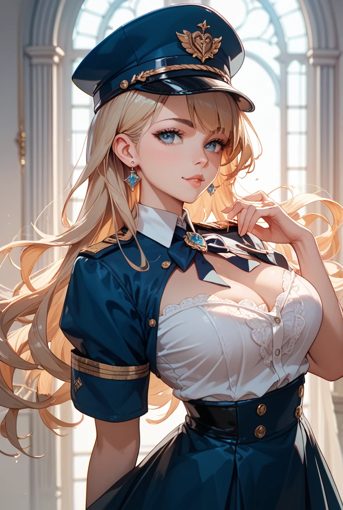 anime girl, military uniform, muscular, large breasts, cleavage, drill hair, blonde hair, aqua eyes, looking at viewer, female focus, cowboy shot, armory, soft lighting